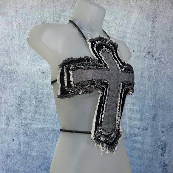New Medium Denim Fringe‎ Cross Backless Halter Top Crop Blouse Sleeveless Sexy - Picture 3 of 4